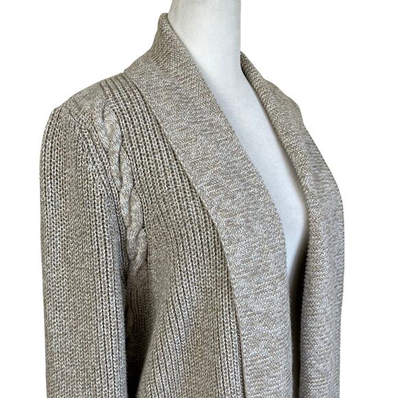 Talbots Sz XL Petite Oatmeal Marled Chunky Cable Knit Open Front Cardigan Cotton - Picture 7 of 16